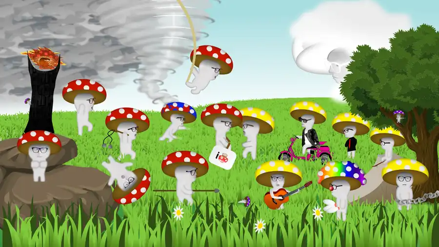 An army of mushrooms attacking a peaceful protest
