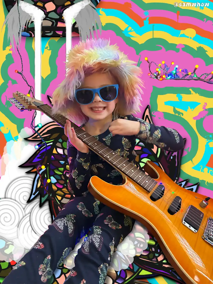 A child playing guitar sitting on a dragon